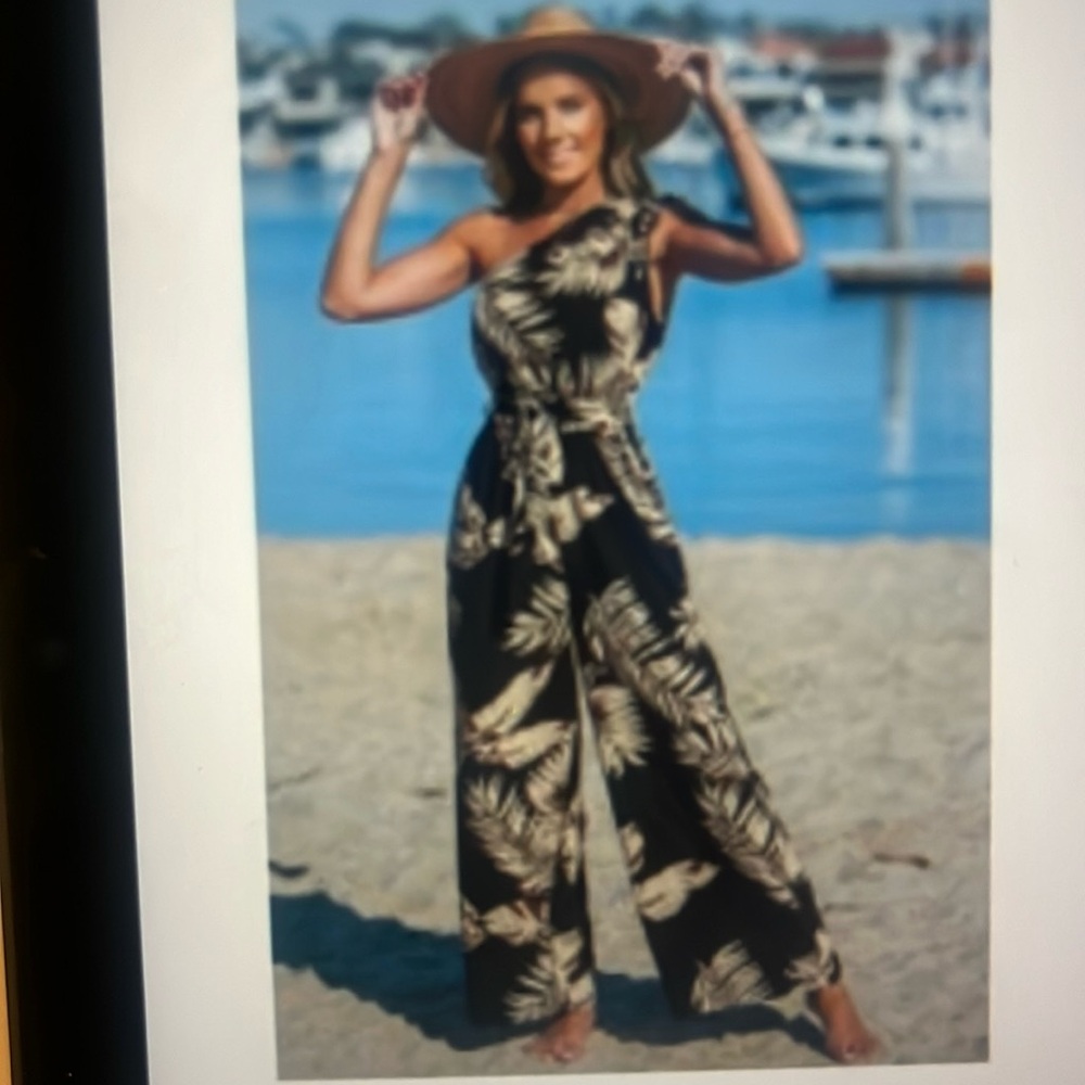 CUPSHE midnight tropics one shoulder wide leg jumpsuit